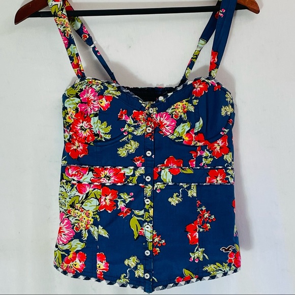 NAVY FLORAL BUSTIER WITH NAVY & WHITE GINGHAN TRIM - Picture 3 of 6